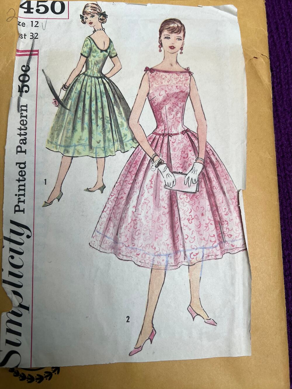 Simplicity 2450 pattern dress circle skirt boat neck 1950s size 12